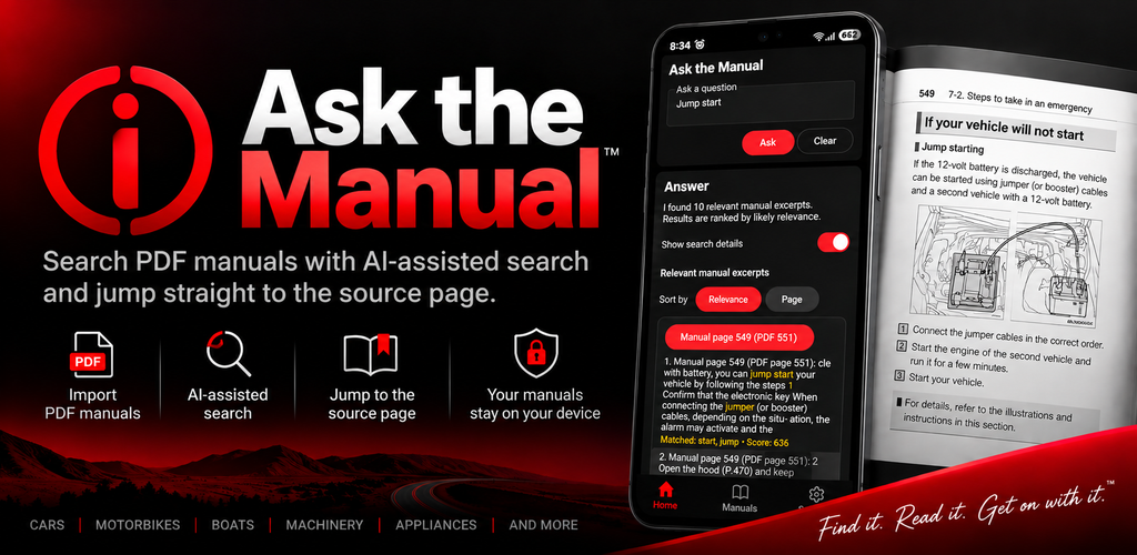 Ask the Manual app showing AI-assisted PDF manual search and source-page navigation